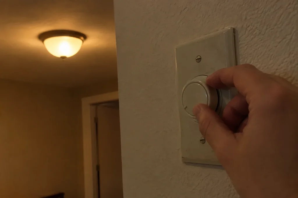 En hand justerar en rund dimmer på väggen medan taklampan lyser i bakgrunden, din gamingutrustning tar över ljuset i varda...